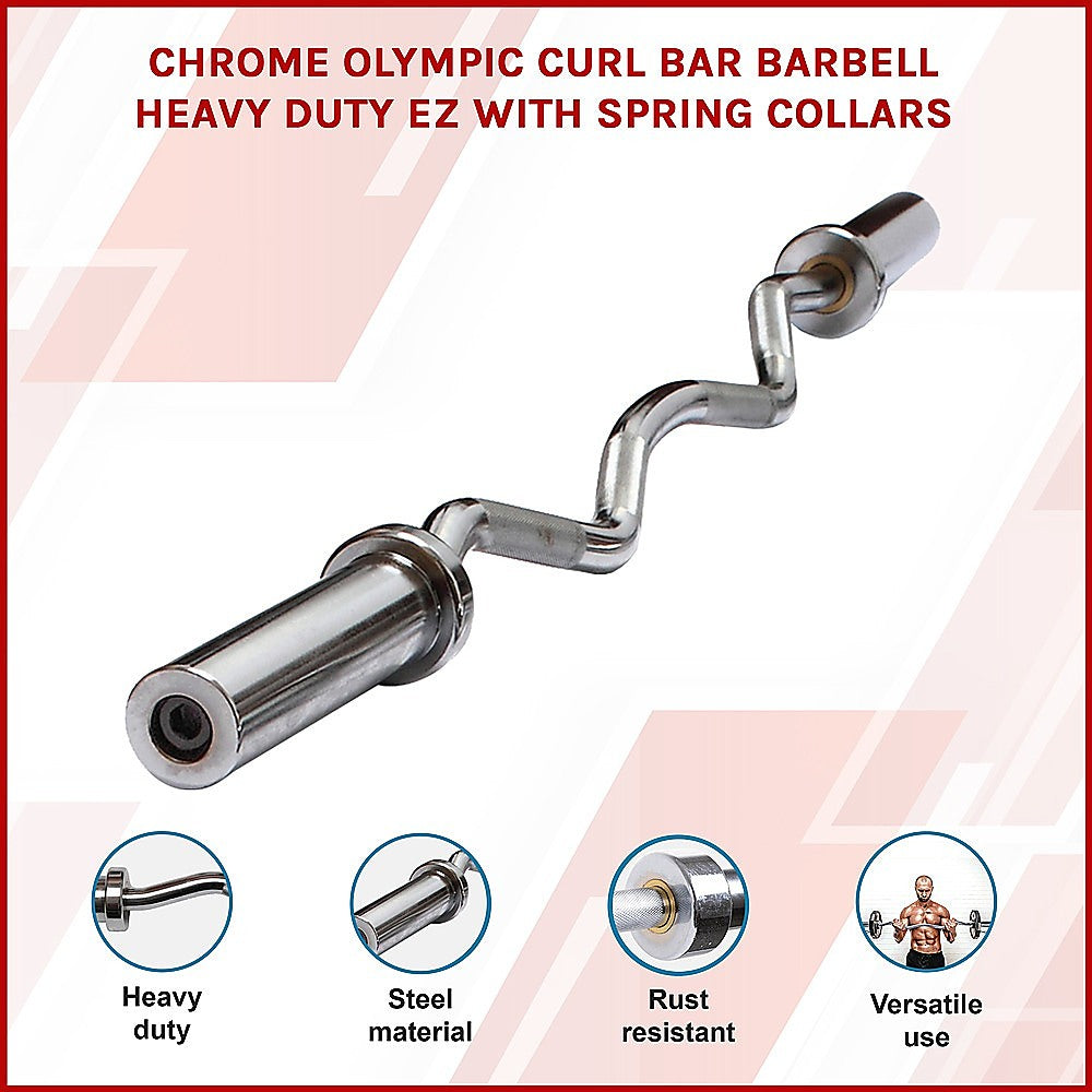 Chrome Olympic Curl Bar Barbell Heavy Duty EZ with Spring Collars-2