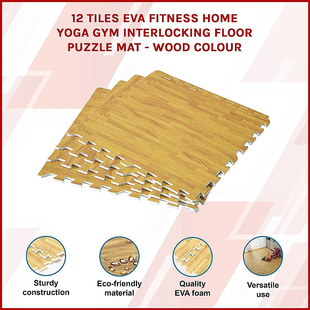 12 Tiles EVA Fitness Home Yoga Gym Interlocking Floor Puzzle Mat - Wood Colour-2