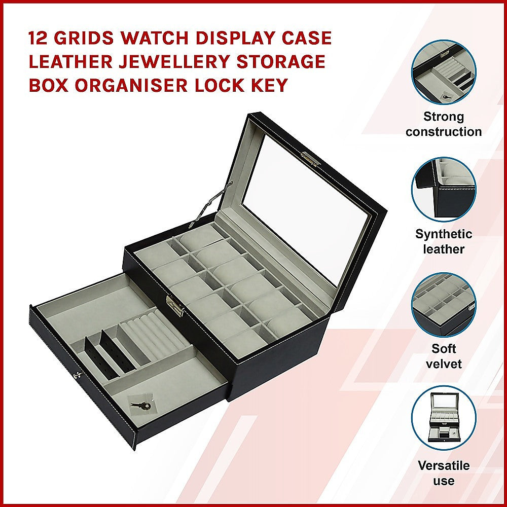 12 Grids Watch Display Case Leather jewellery Storage Box Organiser Lock Key-2