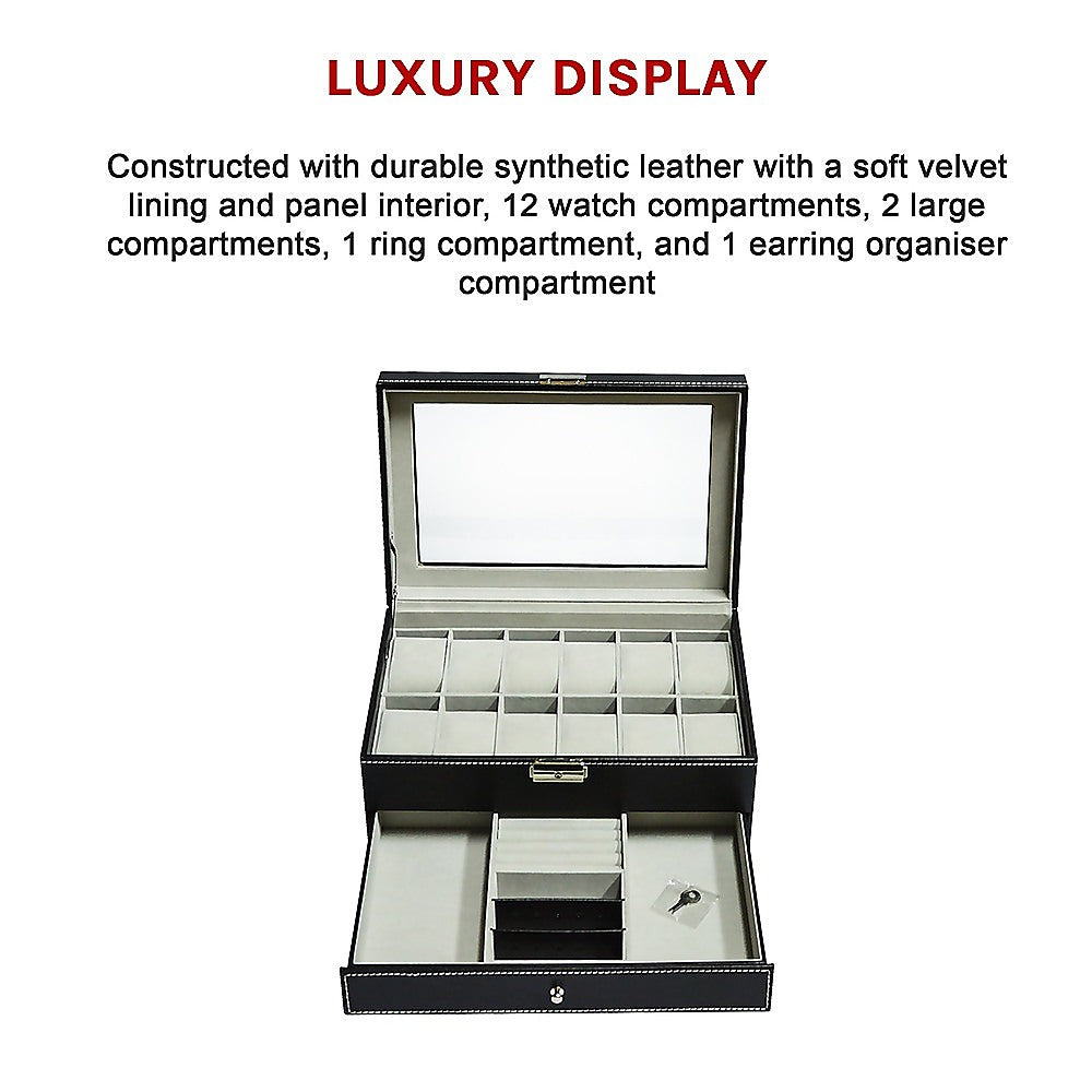 12 Grids Watch Display Case Leather jewellery Storage Box Organiser Lock Key-6