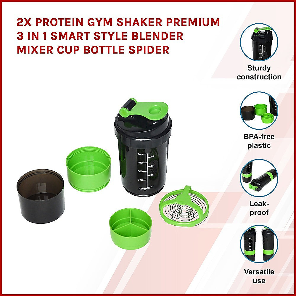 2x Protein Gym Shaker Premium 3 in 1 Smart Style Blender Mixer Cup Bottle Spider-2