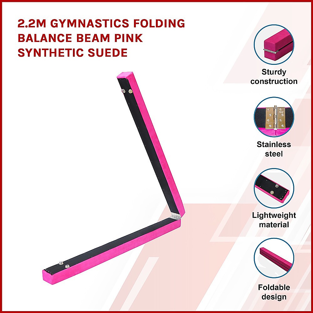 2.2m Gymnastics Folding Balance Beam Pink Synthetic Suede-2