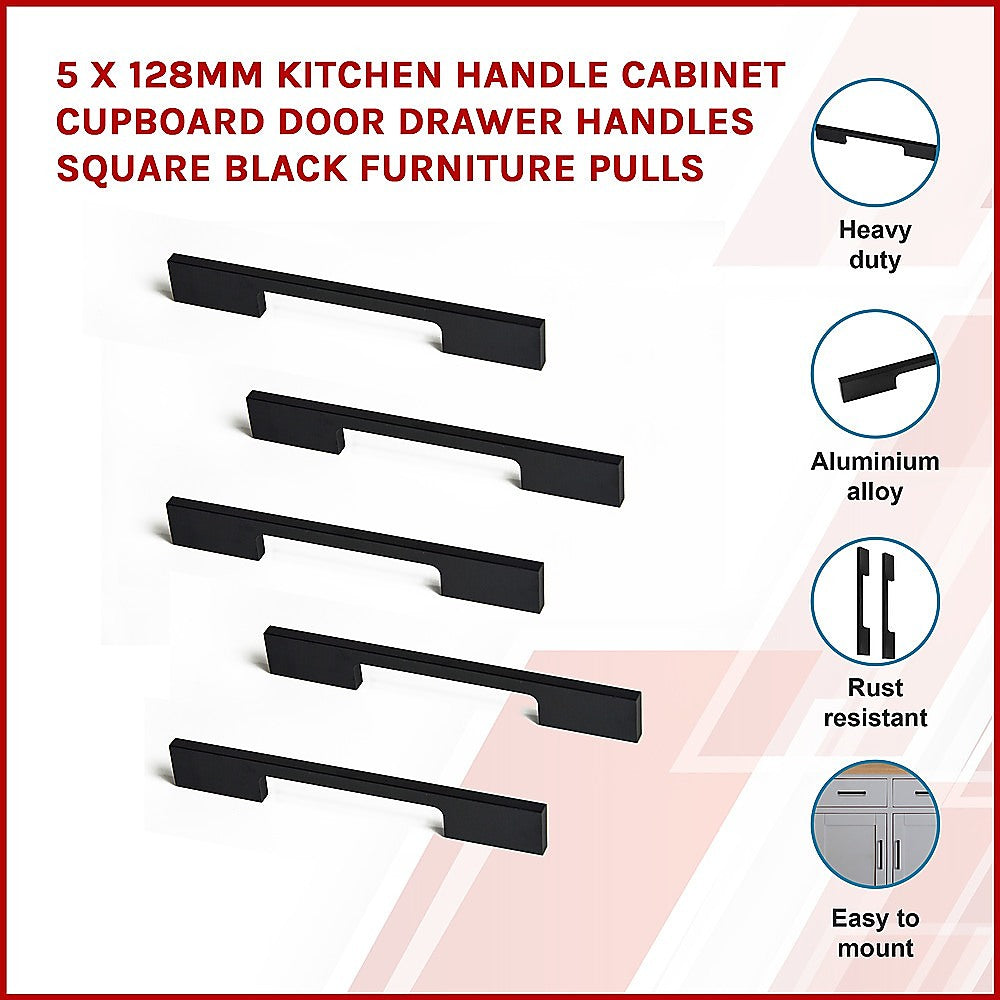 5 x 128mm Kitchen Handle Cabinet Cupboard Door Drawer Handles square Black furniture pulls-2