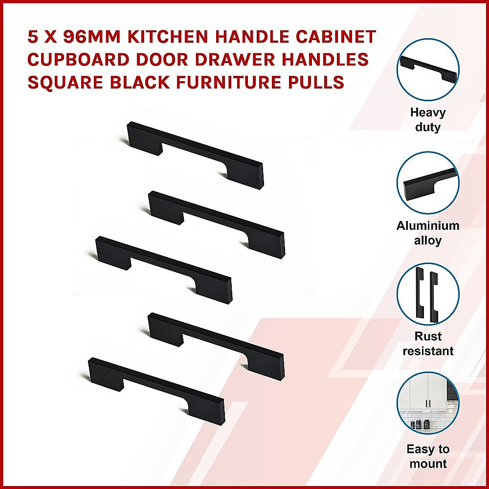 5 x 96mm Kitchen Handle Cabinet Cupboard Door Drawer Handles square Black furniture pulls-2