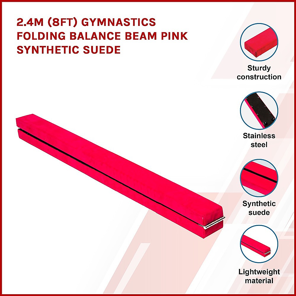 2.4m (8FT) Gymnastics Folding Balance Beam Pink Synthetic Suede-2