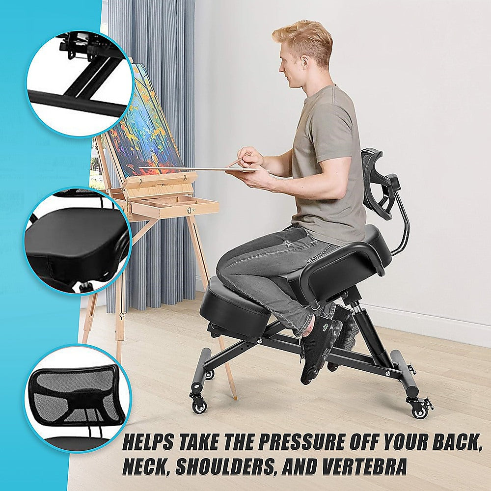 Ergonomic Kneeling Posture Chair with Backrest Adjustable Height and Casters-6