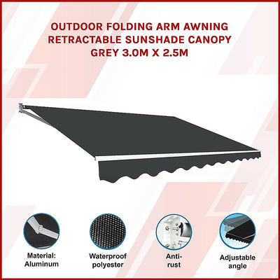 Outdoor Folding Arm Awning Retractable Sunshade Canopy Grey 3.0m x 2.5m-2