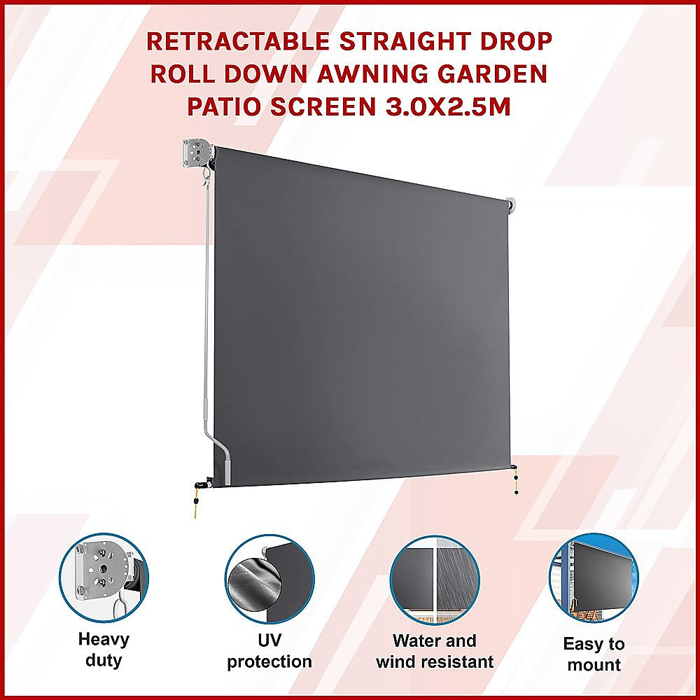 Retractable Straight Drop Roll Down Awning Garden Patio Screen 3.0X2.5M-2