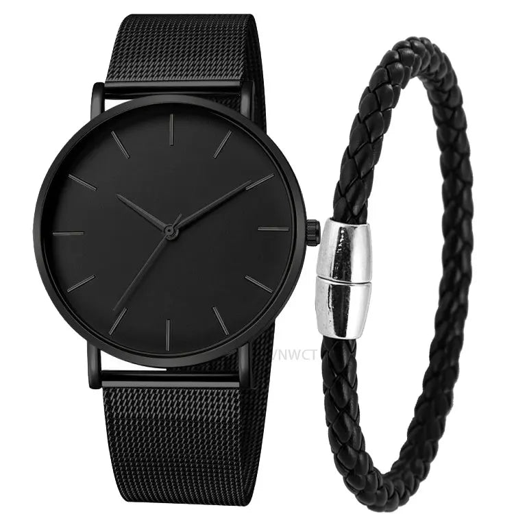 NNEOBA Mens Ultra Thin Magnetic Bracelet Quartz Watch - All-Black Slim Mesh Steel-0