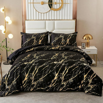 Black Gold Metallic Marble Comforter Set, King Size, Foil Print Glitter 3-Piece Bedding-0