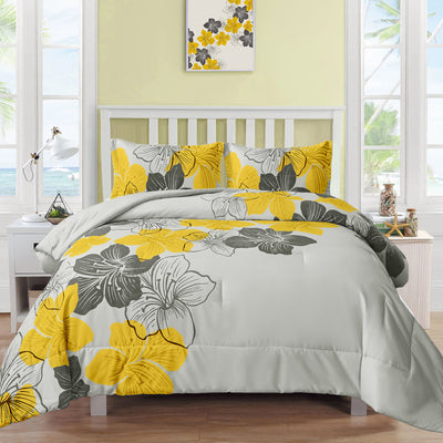 Floral Comforter Set, King Size, Yellow Floral 3-Piece Bedding, Lightweight Microfiber-0