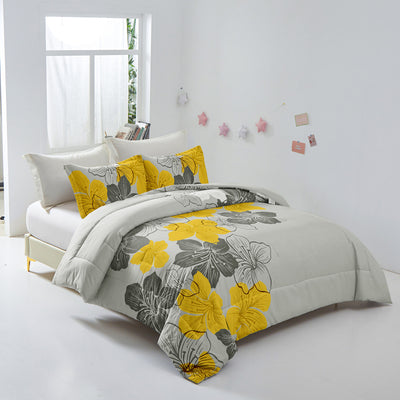 Floral Comforter Set, King Size, Yellow Floral 3-Piece Bedding, Lightweight Microfiber-1