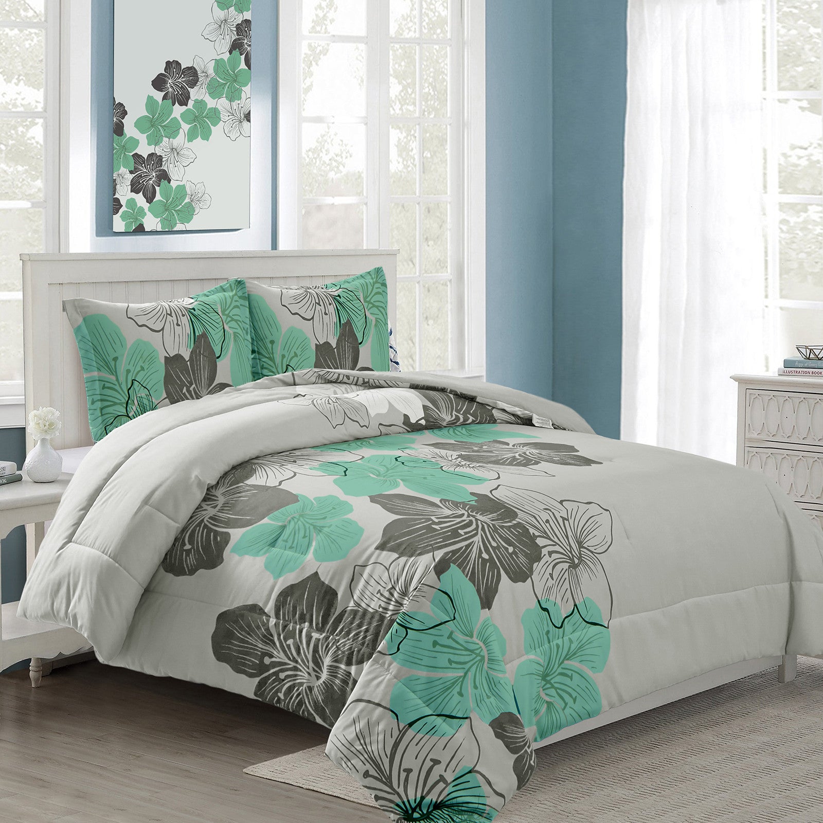 Floral Comforter Set, King Size, Green Floral 3-Piece Bedding, Lightweight Microfiber-1