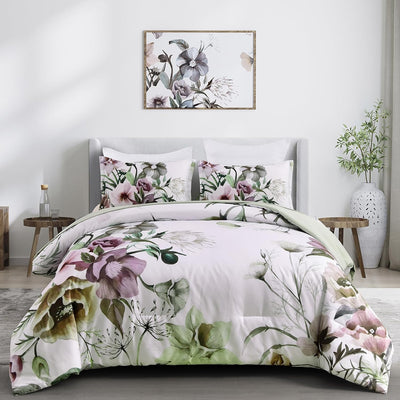 Floral Comforter Set, King Size, Green Floral 3-Piece Bedding, Soft Microfiber for All Seasons-0