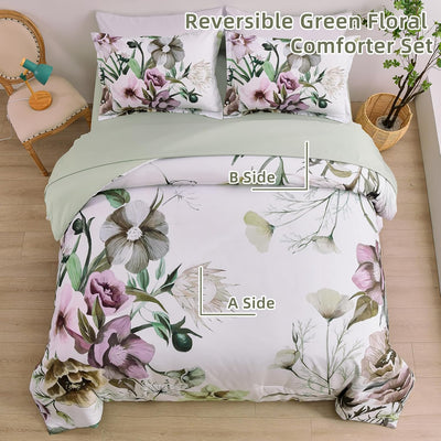 Floral Comforter Set, King Size, Green Floral 3-Piece Bedding, Soft Microfiber for All Seasons-1