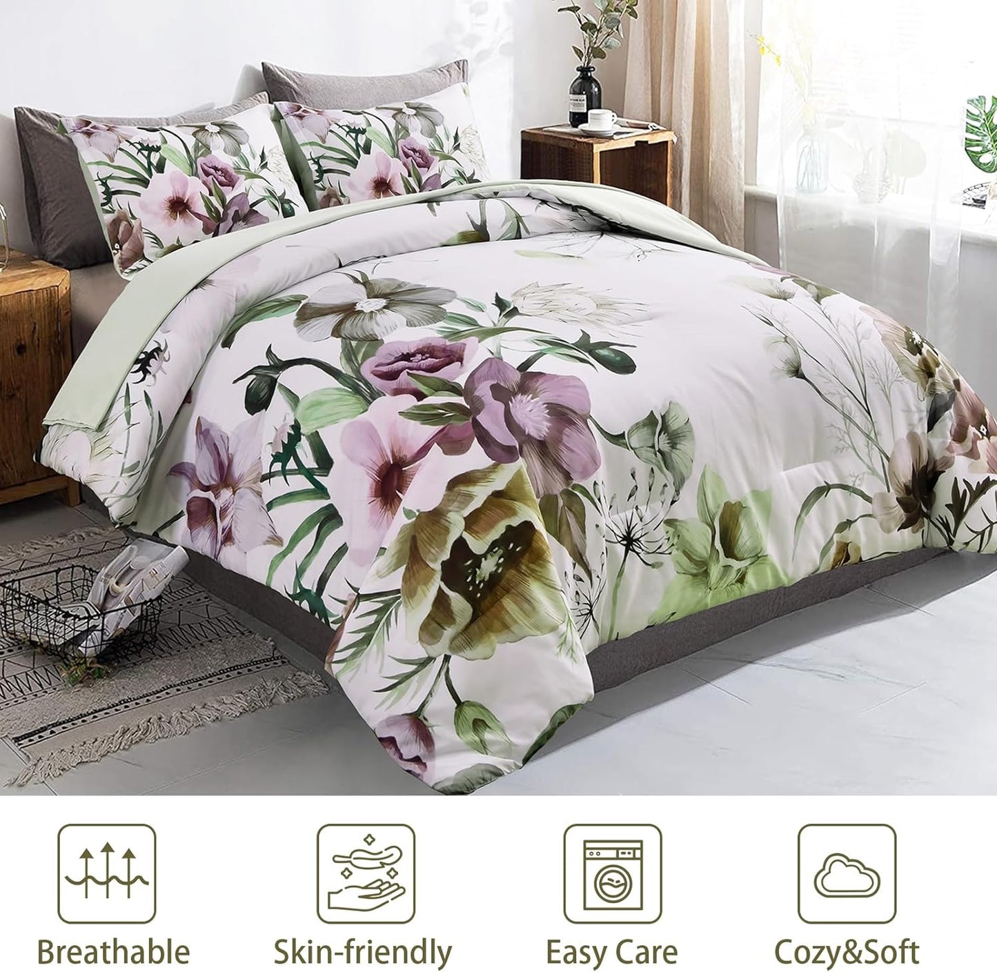 Floral Comforter Set, King Size, Green Floral 3-Piece Bedding, Soft Microfiber for All Seasons-2