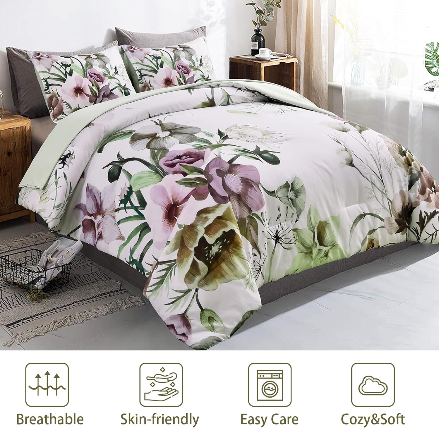 Floral Comforter Set, King Size, Green Floral 3-Piece Bedding, Soft Microfiber for All Seasons-2