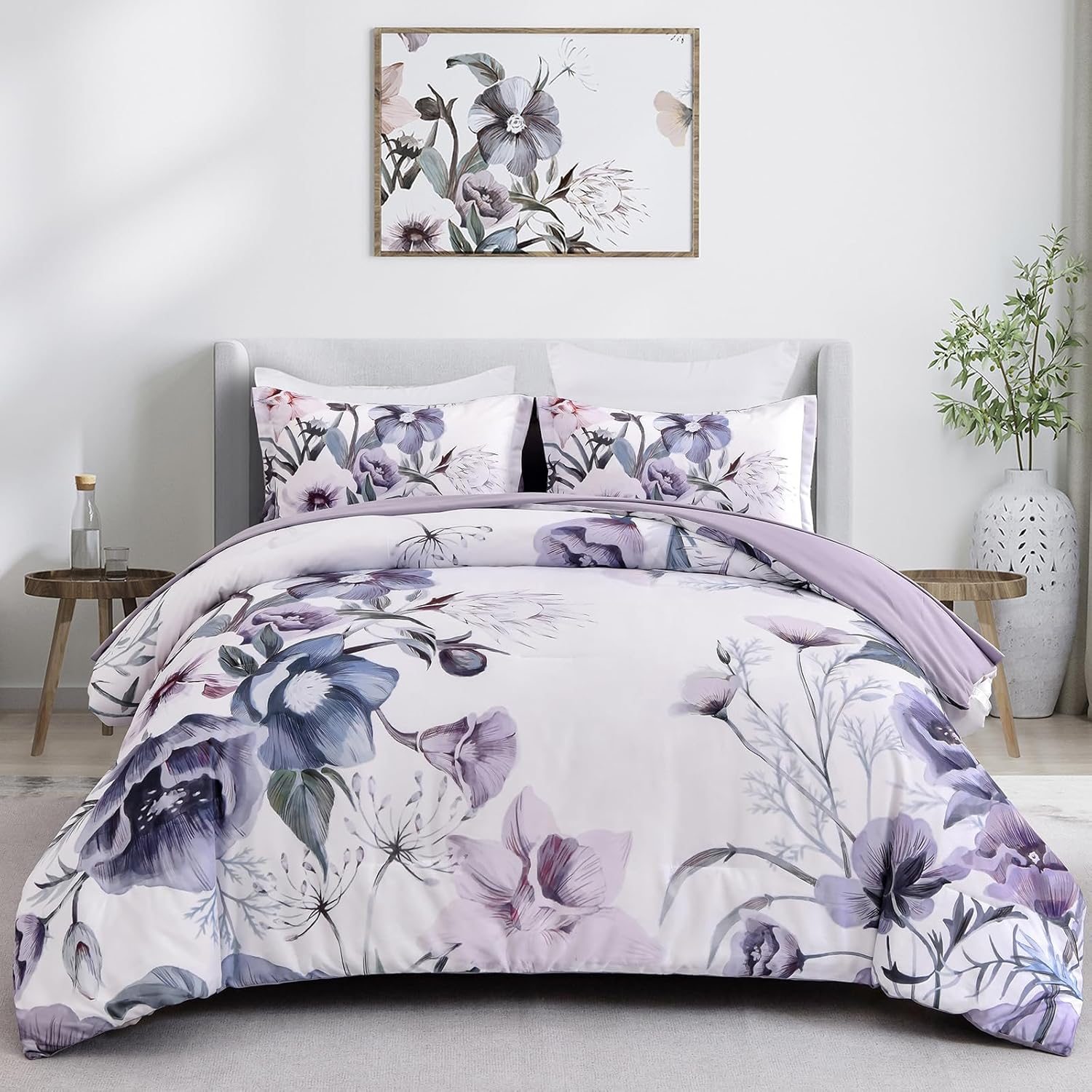 Floral Comforter Set, King Size, Purple Floral 3-Piece Bedding, Soft Microfiber for All Seasons-0