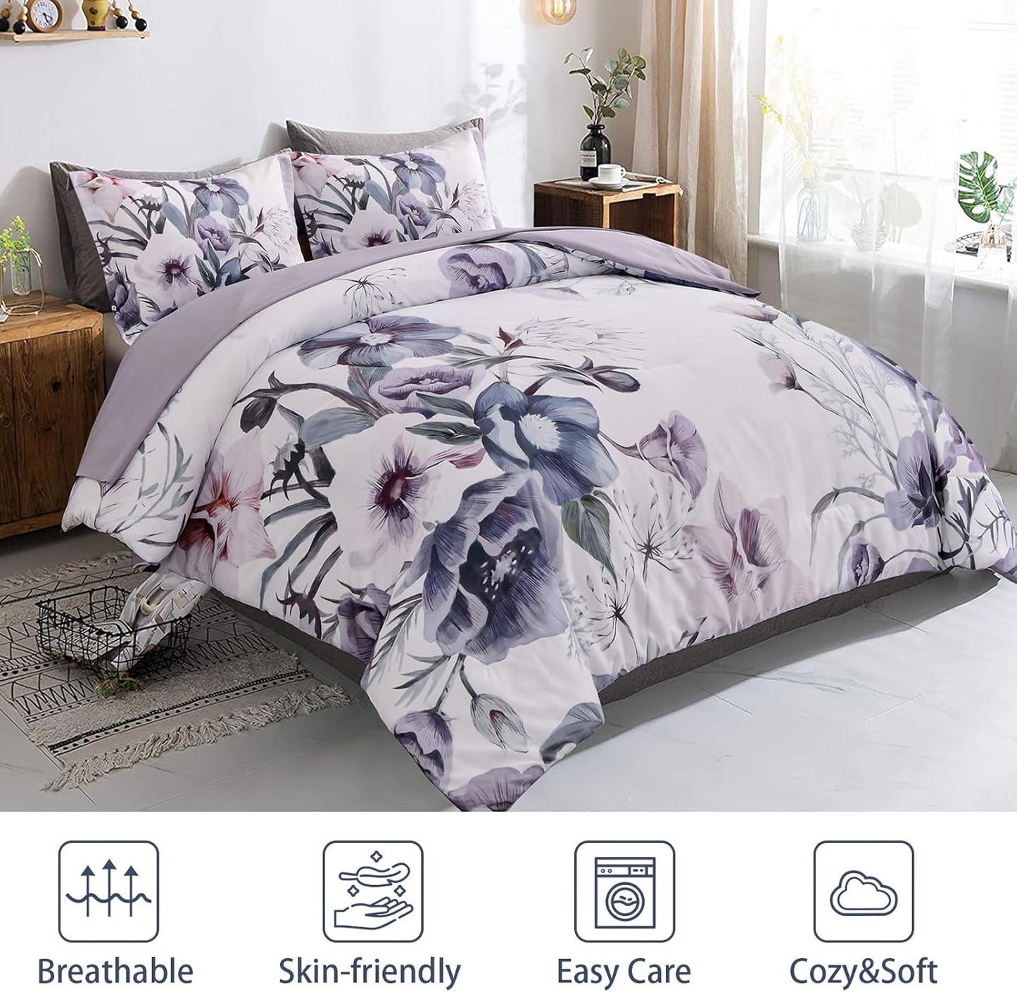 Floral Comforter Set, King Size, Purple Floral 3-Piece Bedding, Soft Microfiber for All Seasons-1