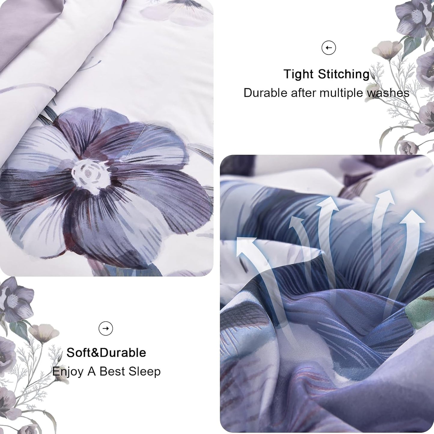 Floral Comforter Set, King Size, Purple Floral 3-Piece Bedding, Soft Microfiber for All Seasons-4