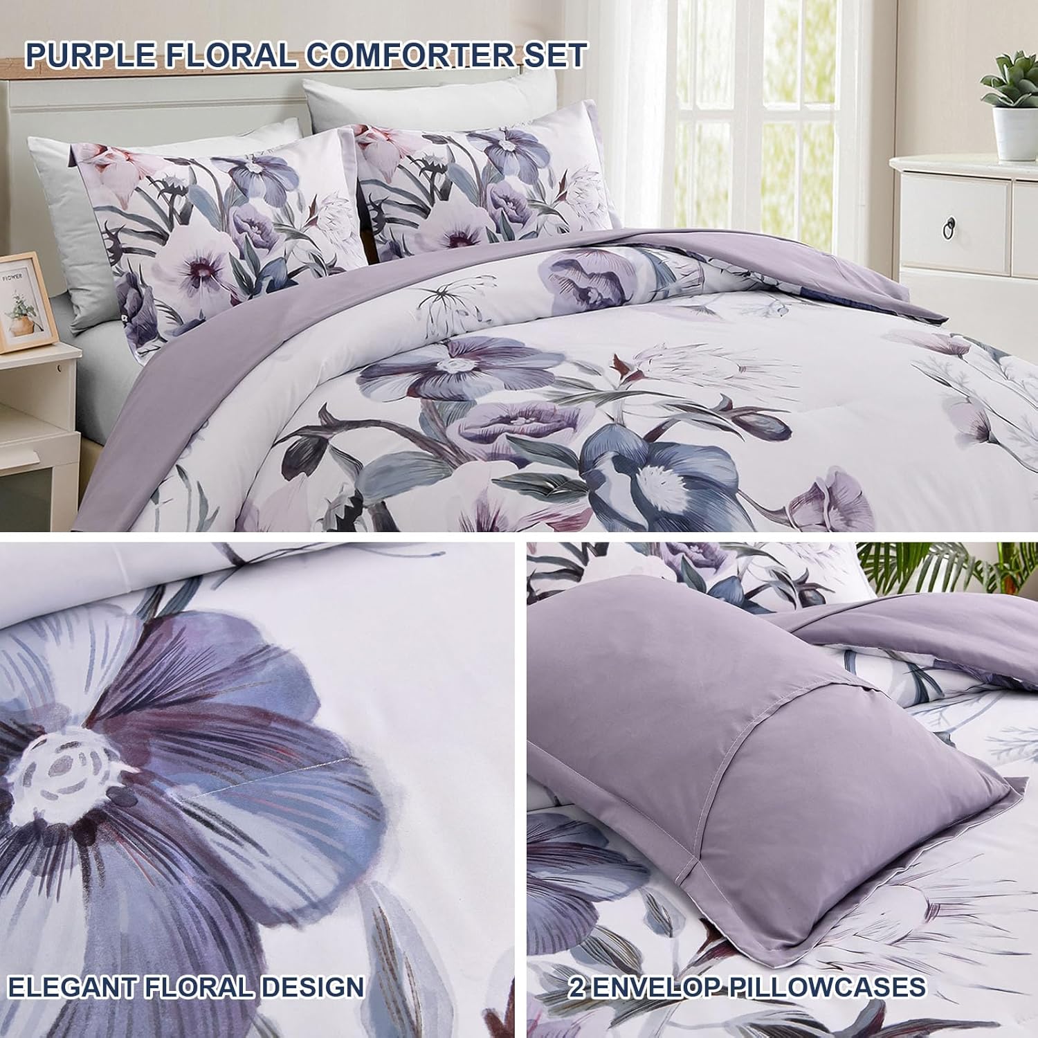 Floral Comforter Set, King Size, Purple Floral 3-Piece Bedding, Soft Microfiber for All Seasons-5