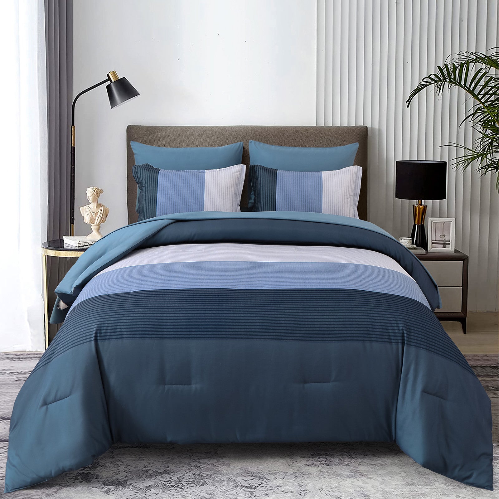 Navy Blue Comforter Set, King Size, Striped 3-Piece Bedding Collection-1