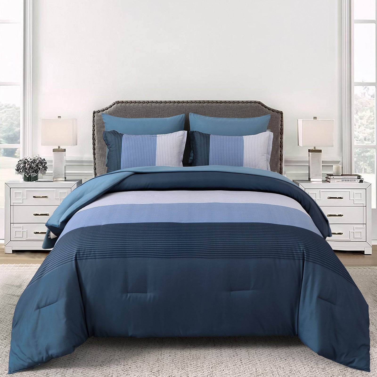 Navy Blue Comforter Set, King Size, Striped 3-Piece Bedding Collection-2