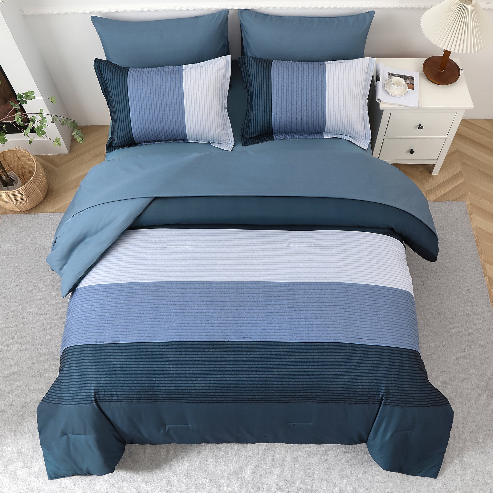 Navy Blue Comforter Set, King Size, Striped 3-Piece Bedding Collection-3