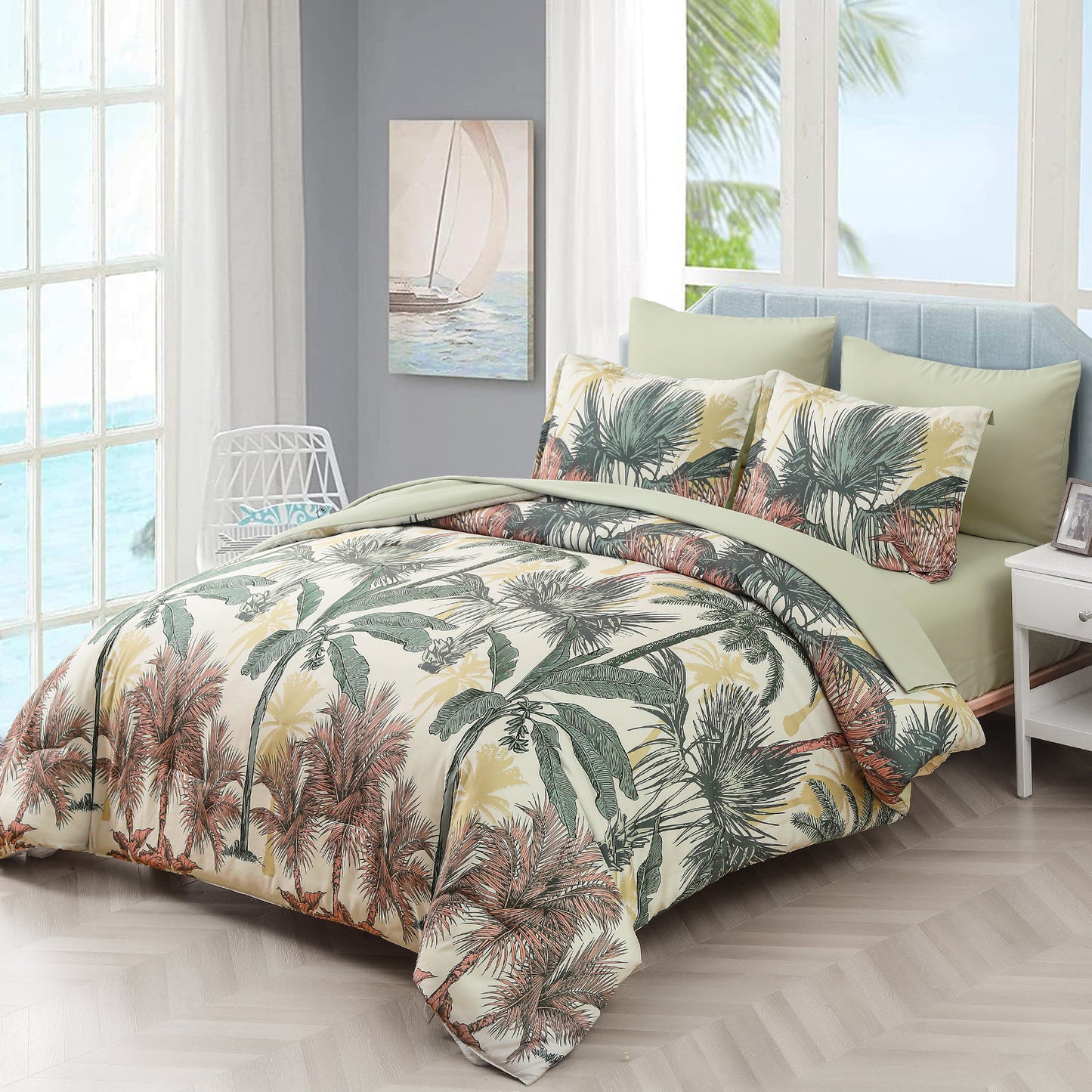 Soft Floral Leaf Comforter Set, King Size, Warm Quilted Bedding with Pillowcases-1