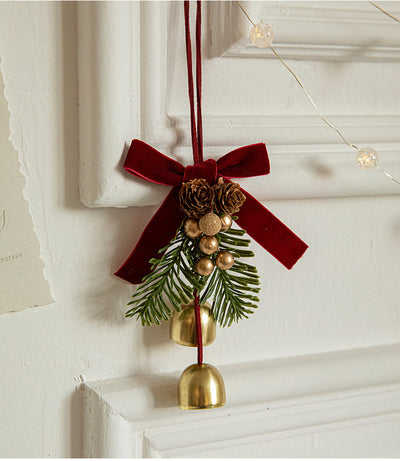 Christmas Hanging Ornament with Pinecones, Bells, and Velvet Bow - 14x10cm Festive Decoration(3 PCS)-0