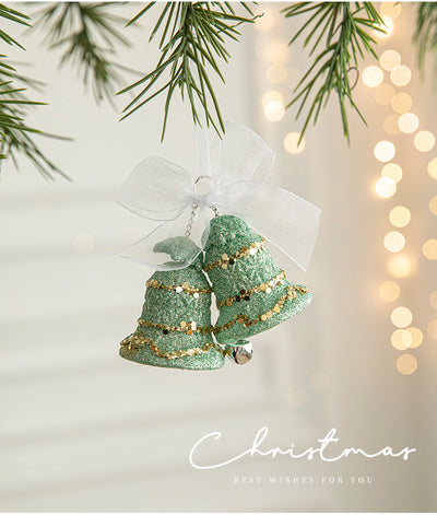 Green Glitter Christmas Bell Ornaments with White Bow - Hanging Holiday Decoration 5 pieces-0