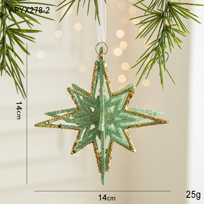 Green Glitter 3D Star Ornament with Gold Accents -Hanging Christmas Decoration 5 pieces-0