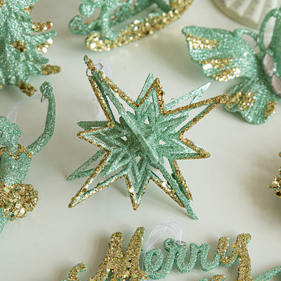 Green Glitter 3D Star Ornament with Gold Accents -Hanging Christmas Decoration 5 pieces-1