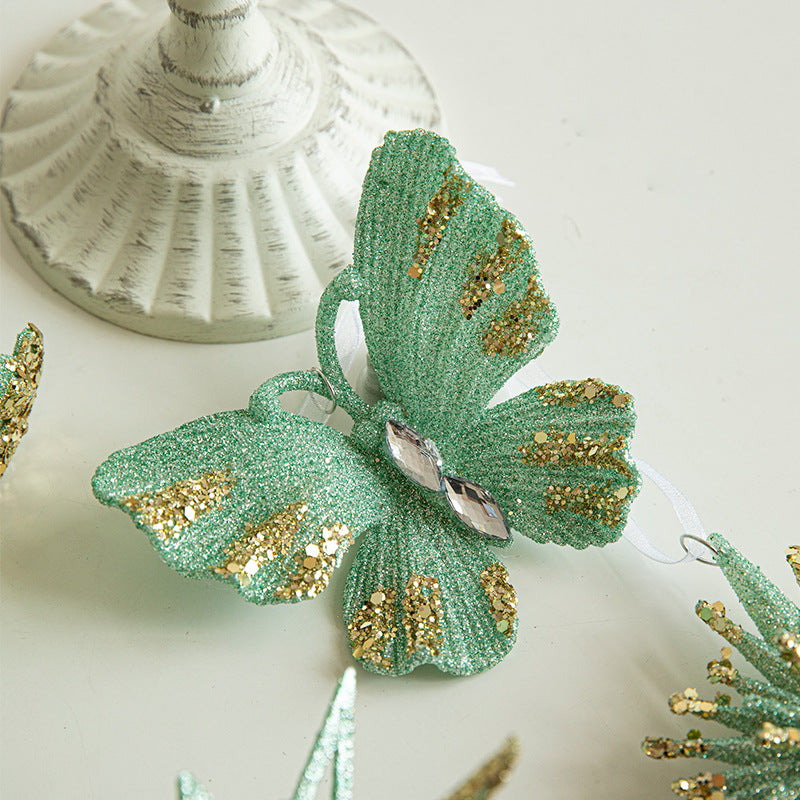 Green Glitter Butterfly Christmas Ornament with Gold Accents - Hanging Holiday Decoration 5 pieces-0