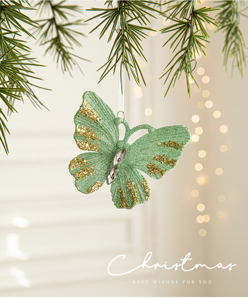 Green Glitter Butterfly Christmas Ornament with Gold Accents - Hanging Holiday Decoration 5 pieces-1