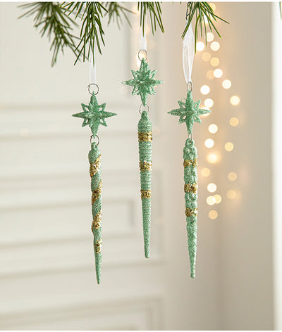 Green Glitter Icicle Christmas Ornaments with Star Tops - Set of 3 Hanging Decorations（5 set in total）-0