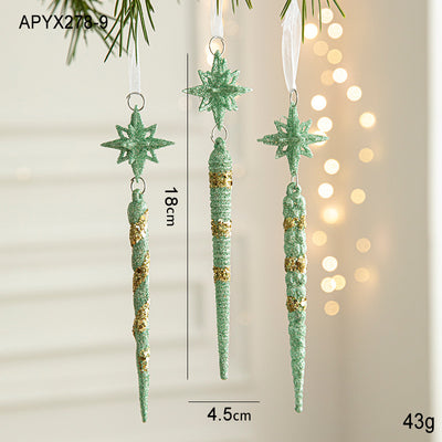 Green Glitter Icicle Christmas Ornaments with Star Tops - Set of 3 Hanging Decorations（5 set in total）-1