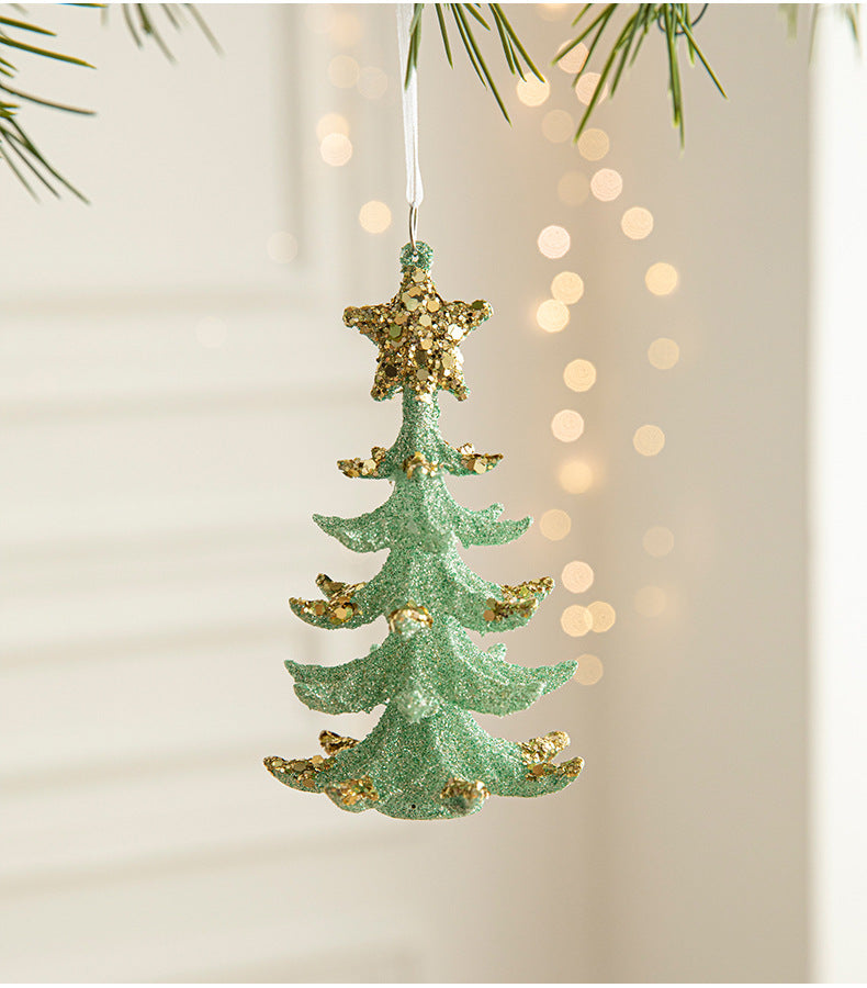 Green Glitter Christmas Tree Ornament with Gold Star Top - Hanging Festive Decoration 5 pieces-0