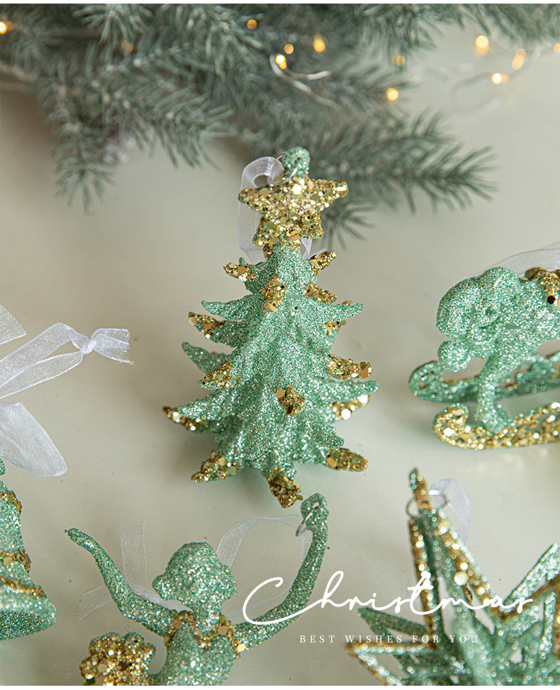 Green Glitter Christmas Tree Ornament with Gold Star Top - Hanging Festive Decoration 5 pieces-2