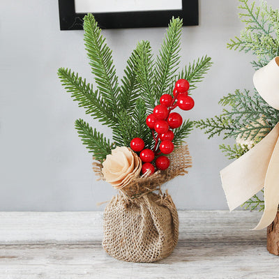 Mini Christmas Pine Tree Decoration - 10.24 Inches Tall with Red Berries and Burlap Base  (4 trees)-0