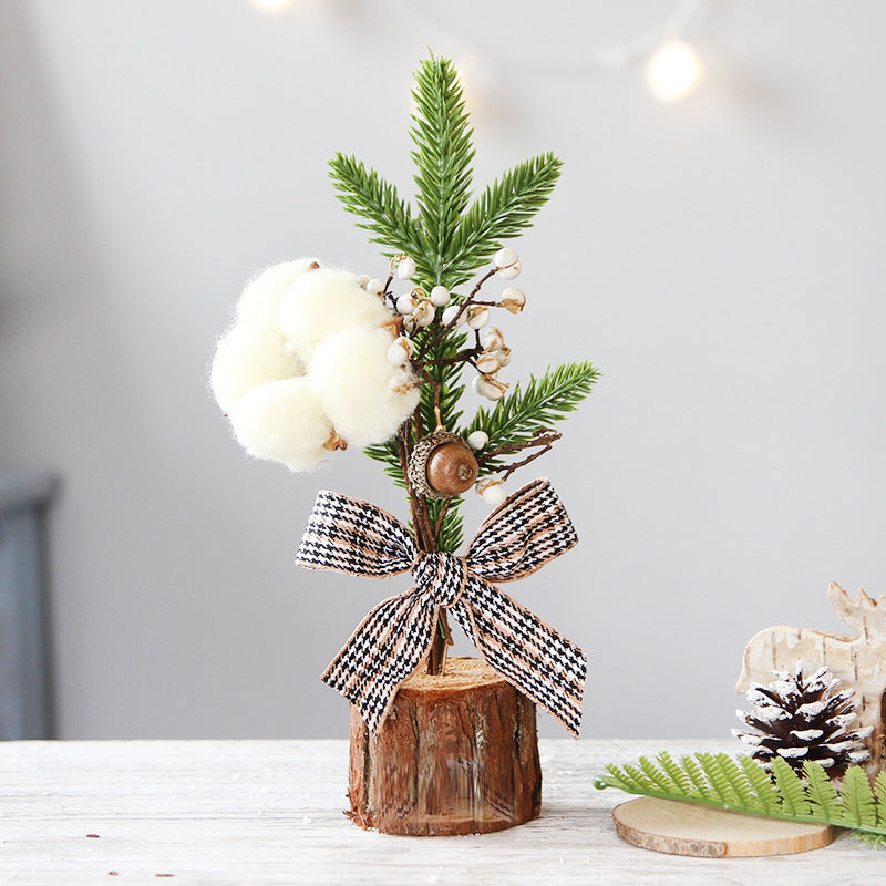 Mini Rustic Christmas Tree Decoration – 9.84 Inches Tall with Cotton and Plaid Bow Accents (4 trees)-0