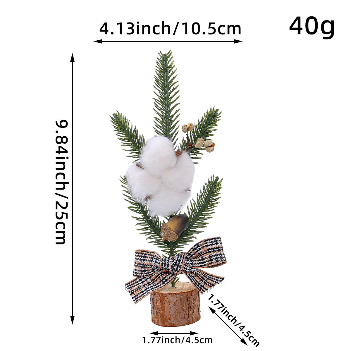 Mini Rustic Christmas Tree Decoration – 9.84 Inches Tall with Cotton and Plaid Bow Accents (4 trees)-1