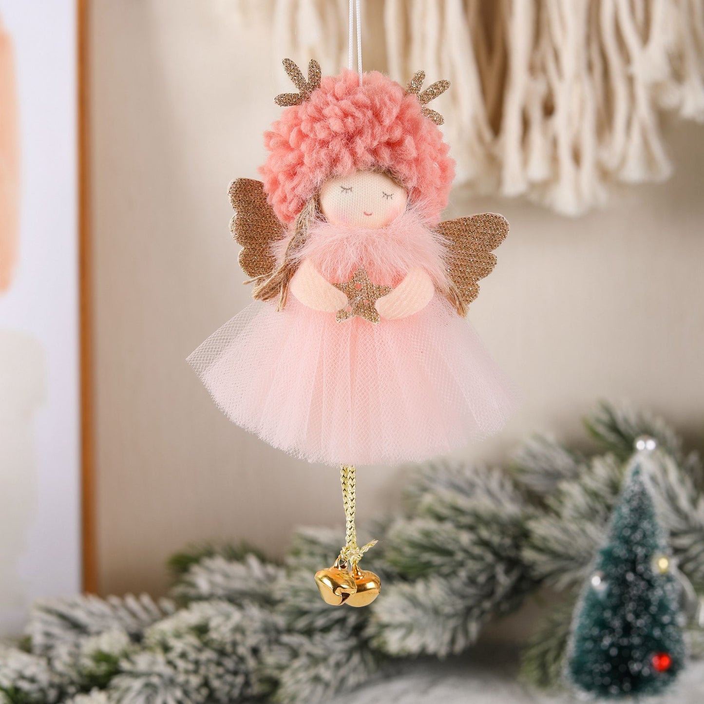 Gold and White Angel Ornament with Bells and Glitter Wings - Christmas Hanging Decoration 16*10*5cm Pink colour (5 pieces)-0