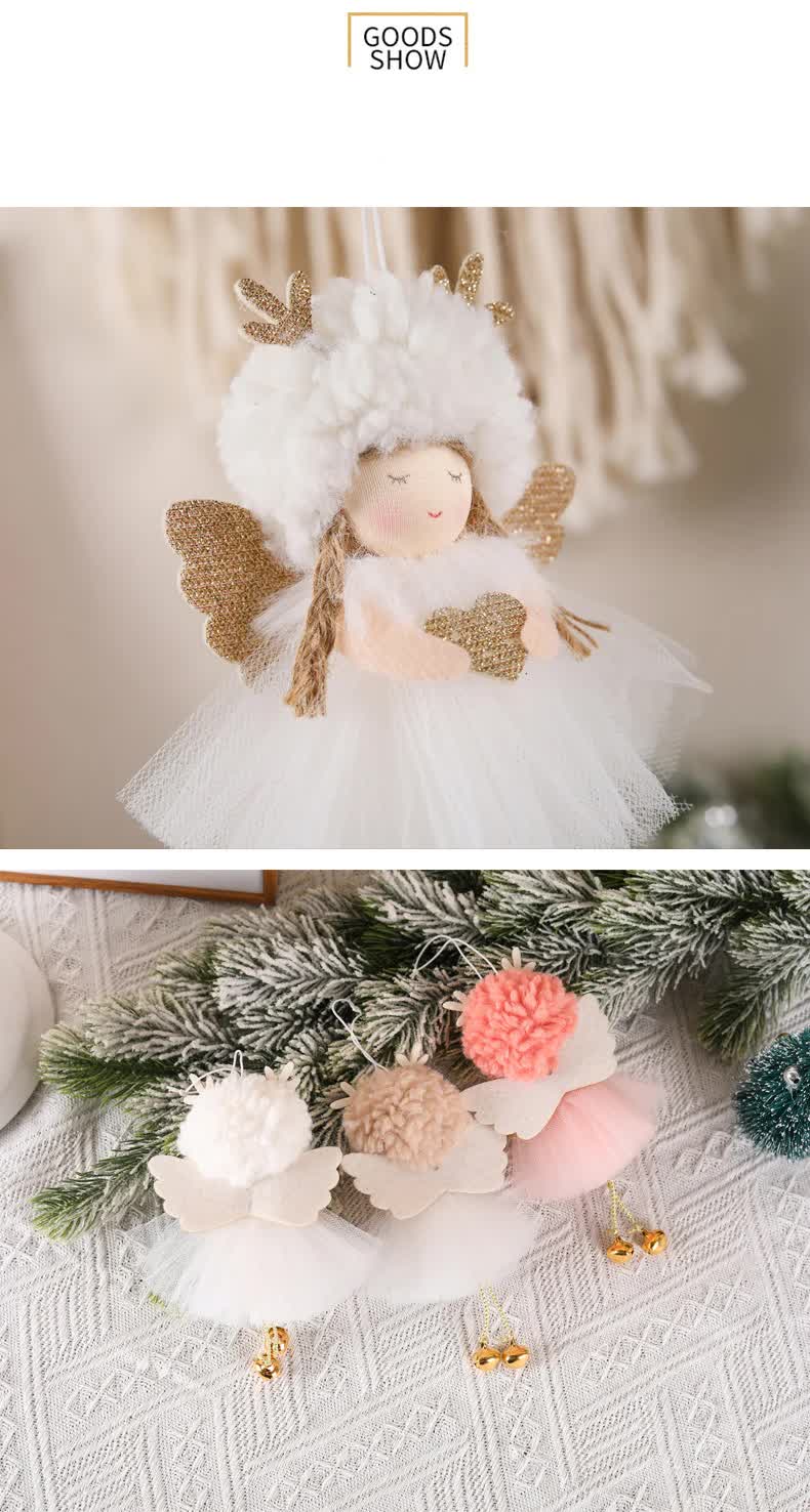 Gold and White Angel Ornament with Bells and Glitter Wings - Christmas Hanging Decoration 16*10*5cm Pink colour (5 pieces)-2