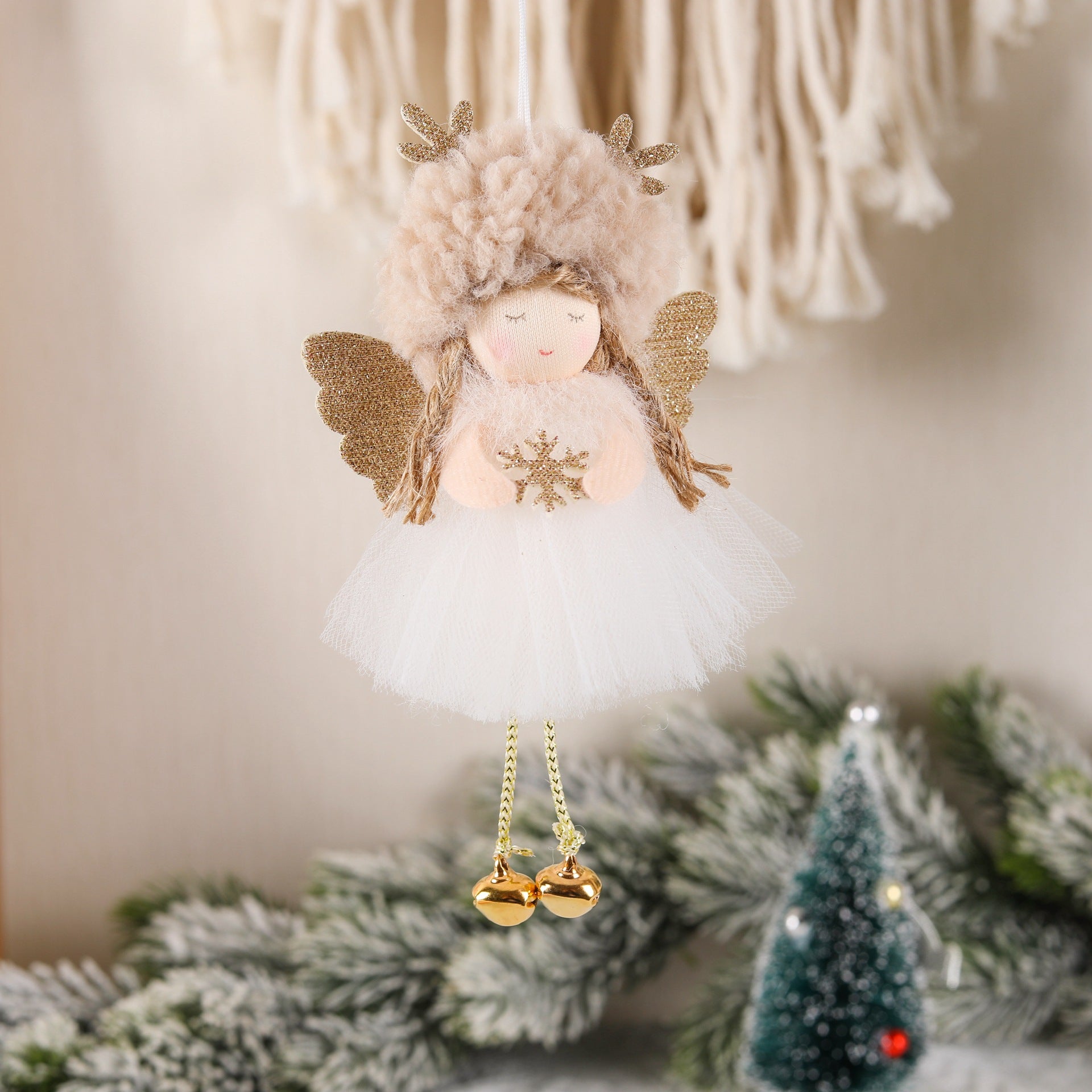 Gold and White Angel Ornament with Bells and Glitter Wings - Christmas Hanging Decoration 16*10*5cm Coffee colour (5 pieces)-0