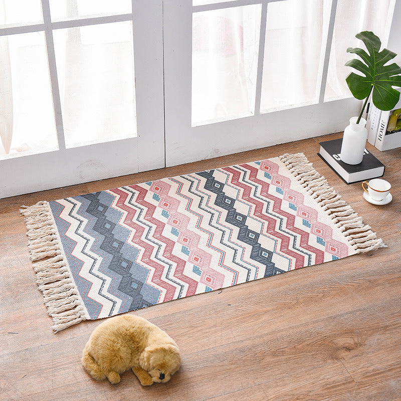 Bohemian Cotton Area Rug with Tassels - Geometric Pattern, Decorative Floor Mat 60*90cm-0