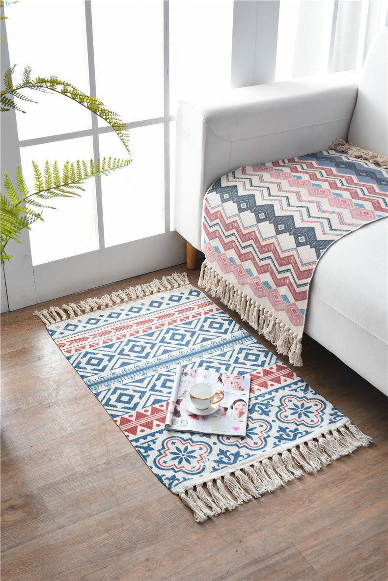 Bohemian Cotton Area Rug with Tassels - Geometric Pattern, Decorative Floor Mat 60*90cm-1