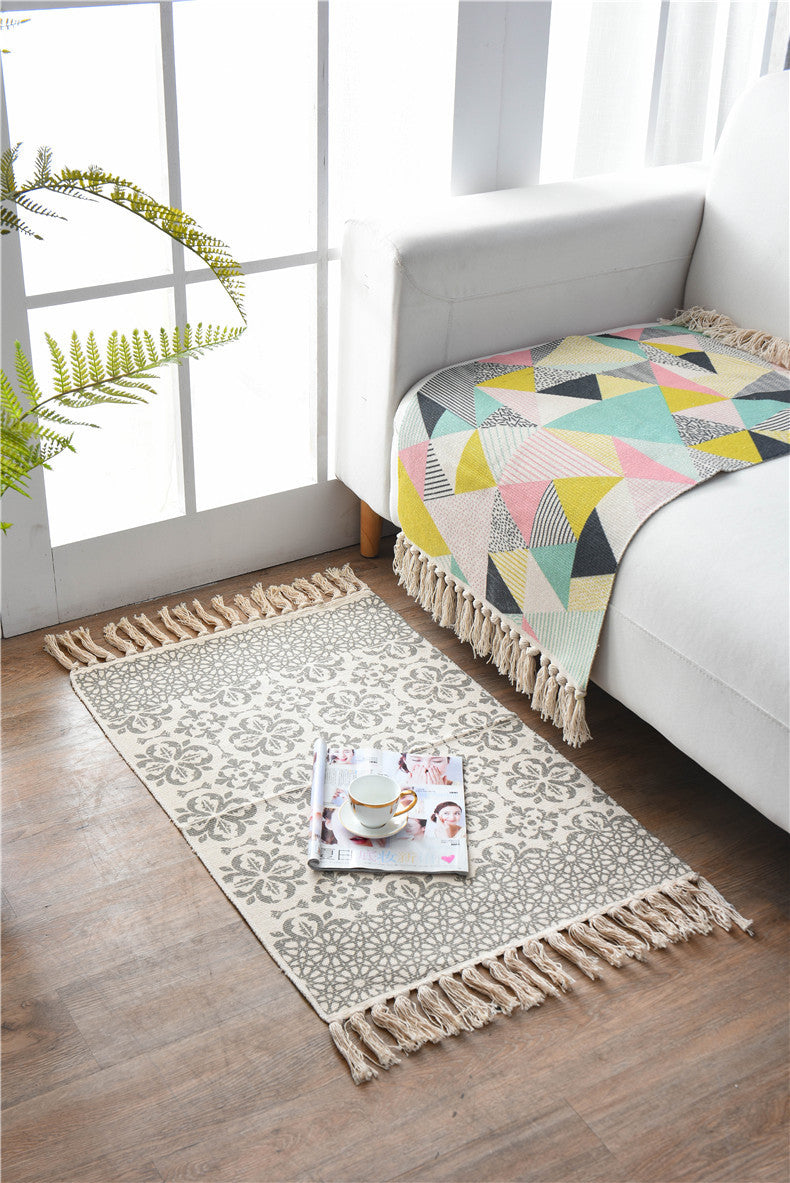 Bohemian Cotton Area Rug with Tassels - Geometric Pattern, Decorative Floor Mat 60*90cm-1