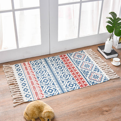 Bohemian Cotton Area Rug with Tassels - Geometric Pattern, Decorative Floor Mat 60*90cm-0