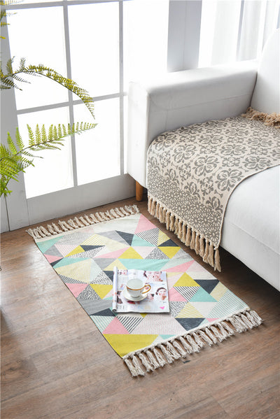 Bohemian Cotton Area Rug with Tassels - Geometric Pattern, Decorative Floor Mat 60*90cm-1